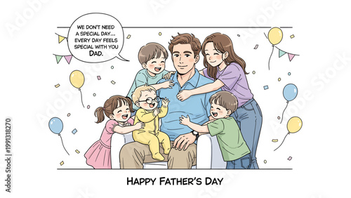 A Father's Day Family:  A loving illustration of a father, embraced by his family on Father's Day, expressing the warmth of family bonds and the joy of shared moments.