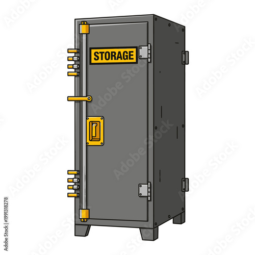 Secure steel storage locker with yellow 'STORAGE' label and robust locking mechanism