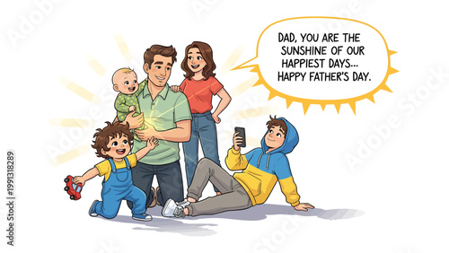 Heartfelt Father's Day Wishes: A loving family, gathered on Father's Day, expressing warmth and gratitude to their dad, with a heartwarming message, filled with the joy of their happiest days.