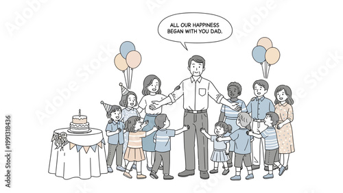 Family Celebration: A heartwarming scene unfolds as a family gathers to celebrate, the focus on the father figure and children, surrounded by balloons and a birthday cake, capturing a moment of unity.