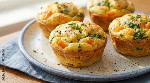 Freshly baked egg muffins with vegetables on a plate