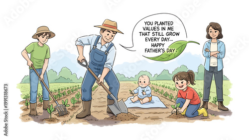 A Family's Farming Harmony: A father plants with a spade in the garden, with his family, kids. A celebration of family values, and the nurturing of growth and new life. 