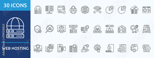 web hosting
  - Icon Collection. Thin outline Set contains such Icons as  server, domain name, ip address, domain name system, bandwidth and more. Simple web icons set
