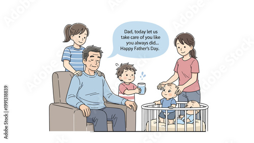 Happy Father's Day: A tender illustration depicts a loving family gathering, celebrating Father's Day with warmth and affection. A young child holds a cup of coffee.