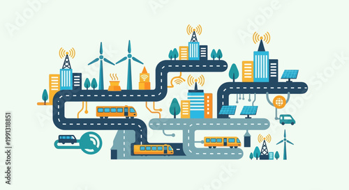 City with roads and wind turbines.
