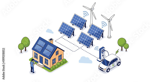 Isometric illustration of a sustainable smart home with solar panels, wind turbines, and an electric car.