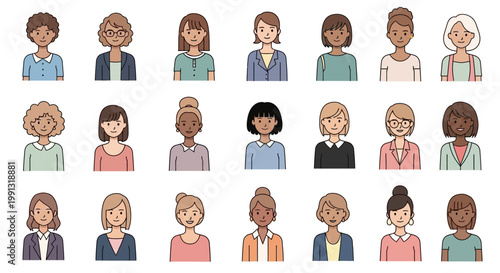Set of diverse female avatar portraits in hand drawn sketch style.