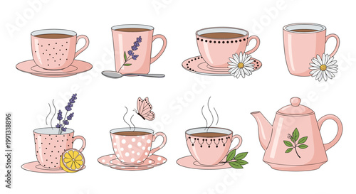 Beautiful collection of pink ceramic cups and mugs decorated with flowers and patterns for tea or coffee.