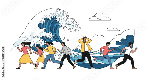 Diverse group of people running away in fear from a massive tsunami wave approaching the shore during a natural disaster event.