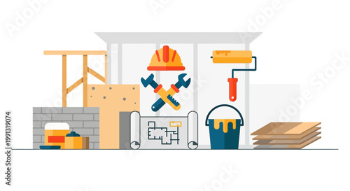 Construction tools and equipment set.