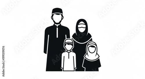 Muslim family illustration, black and white, standing together, unity concept.