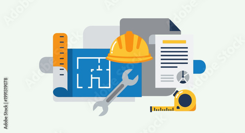 Construction tools and equipment set.