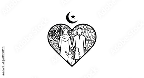 Muslim family love and unity in a heart shape with crescent moon.