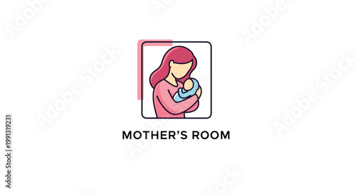 Official signage for a mother's room features a tender illustration of a woman cradling a newborn baby for nursing or care.