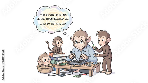 Monkey Family Father's Day Illustration: A heartwarming cartoon illustration depicts a monkey father, surrounded by his children, repairing electronic gadgets on Father's Day.