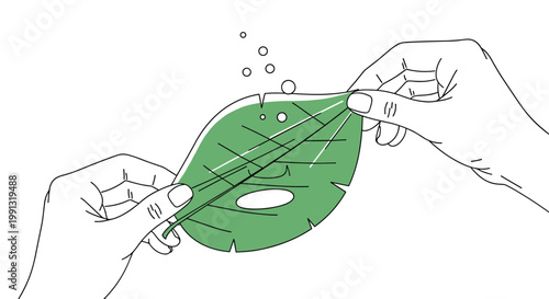 Close up of hands carefully holding a natural green leaf-shaped sheet mask designed for organic facial skincare and cooling.