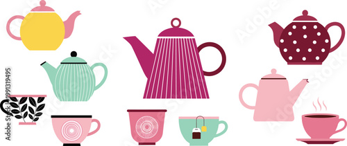 Cute teapot and tea cup cartoon set with cozy kitchen drink elements vector illustration