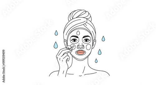 Woman wearing a head towel applying beauty products to her face with a cotton swab for precise skin treatment and care.