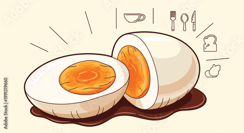 Conceptual illustration of a hard-boiled egg cut in half surrounded by icons for coffee, toast, and cutlery for a complete breakfast.