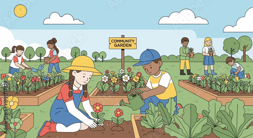 Diverse group of happy children planting vegetables and flowers in a community garden.