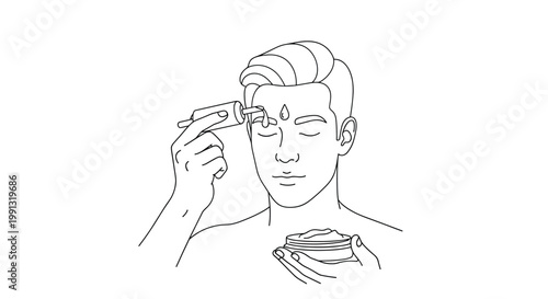 Young man performing a skincare routine by applying eye serum and facial cream to maintain healthy and clear skin for personal grooming.