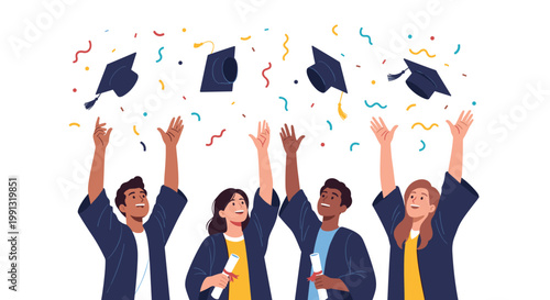 Excited group of university graduates celebrating their achievement by throwing graduation caps into the air with colorful confetti.