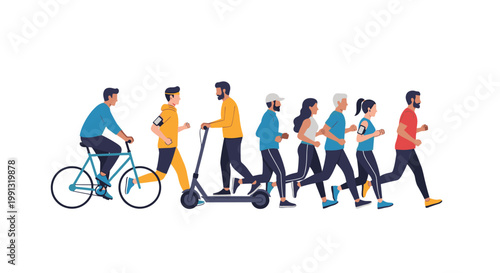 Diverse group of people staying active by running, cycling, and riding a scooter against a white background for fitness and health.
