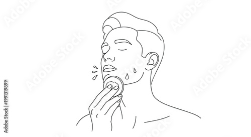 Minimalist line drawing of a man cleaning his face with a cotton pad as part of a daily skincare and grooming routine.