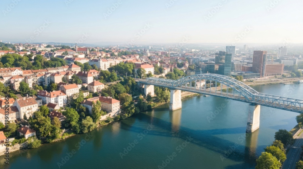 Fototapeta premium Aerial view of a city with a large steel bridge over a river