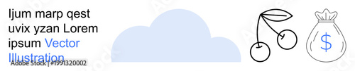 Finance, savings, digital economy, profitability, wealth, online storage. Minimalistic cloud, cherries and a money bag. Finance and savings concept with creative elements