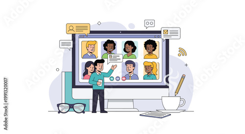 Professional giving a virtual presentation to a group of colleagues via video conference on a computer monitor with chat icons.