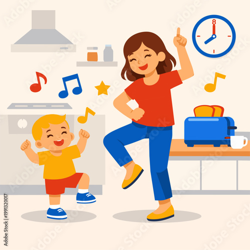 A vibrant vector showing a mom and a toddler "dancing" while waiting for a toaster to pop. Stylized musical notes float around them in solid primary colors. 