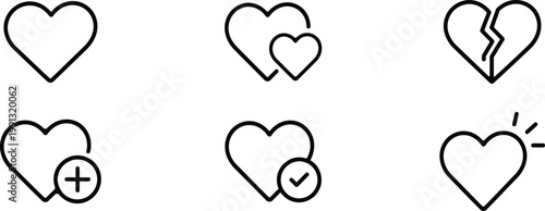 Slika na platnu Six black and white heart icons depicting various emotional states and concepts