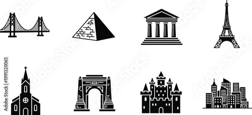 World landmarks icons set editable stroke vector illustration for travel tourism architecture designs
