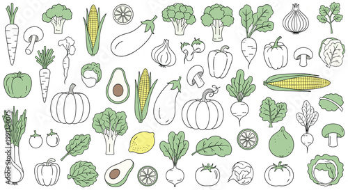 Large collection of diverse vegetable icons in a clean line art style including carrots, broccoli, pumpkins, and more for healthy eating.