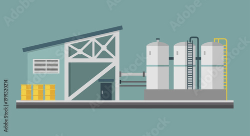 Industrial factory building with storage tanks and production facilities.