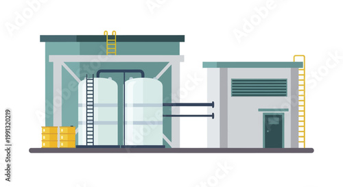 Industrial factory building with storage tanks and production facilities.