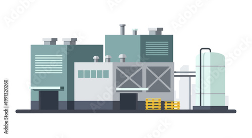Industrial Factory Building with Storage Tanks and Ventilation Systems.