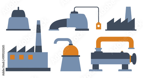 Industrial factory buildings and machinery set for manufacturing processes.