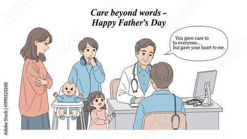 Family and Doctor's Care: A heartwarming scene unfolds as a family receives guidance from a doctor in a medical consultation setting, capturing themes of paternal love and care.