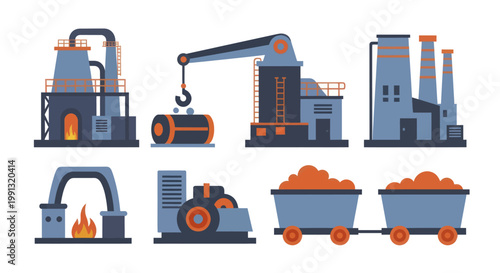 Industrial factory buildings and mining equipment set.