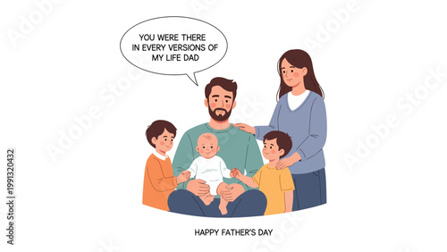 Father's Day Warmth: A heartwarming family illustration, celebrating Father's Day with a tender moment between a dad and his children. A perfect depiction of love, bond and gratitude.