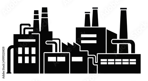 Industrial factory buildings silhouette with smokestacks and pipes.