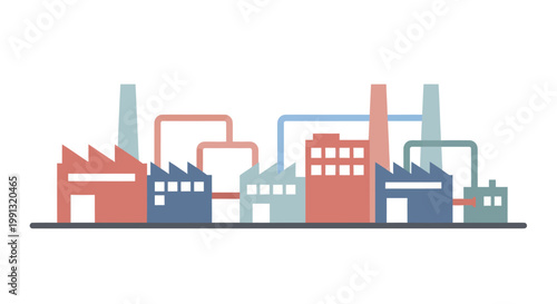Industrial factory buildings with chimneys and pipes in a row.