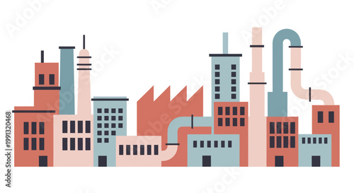 Industrial factory buildings with chimneys and pipes in a flat design.