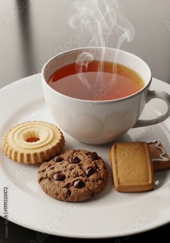 Steaming hot tea with assorted cookies on a white plate.