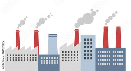 Industrial factory buildings with smoking chimneys polluting the environment.