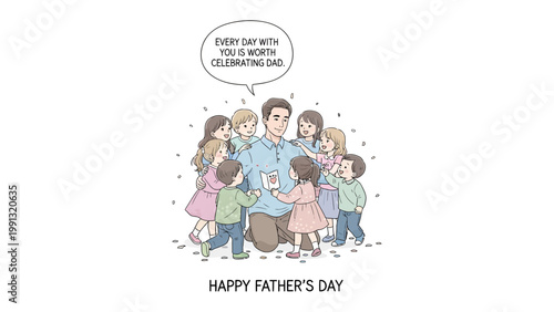 Father's Day Dedication: A tender illustration depicts a heartwarming Father's Day scene. A loving father surrounded by his children, receiving a cherished card and celebrating a special bond.