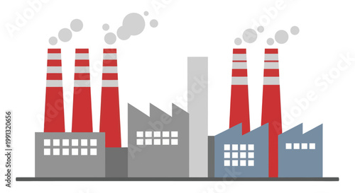 Industrial factory buildings with smoking chimneys polluting environment.