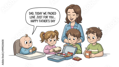 Father's Day Lunchbox with family : Heartwarming illustration captures a mother and her children preparing a special lunchbox for father, expressing love and appreciation on Father's Day. 